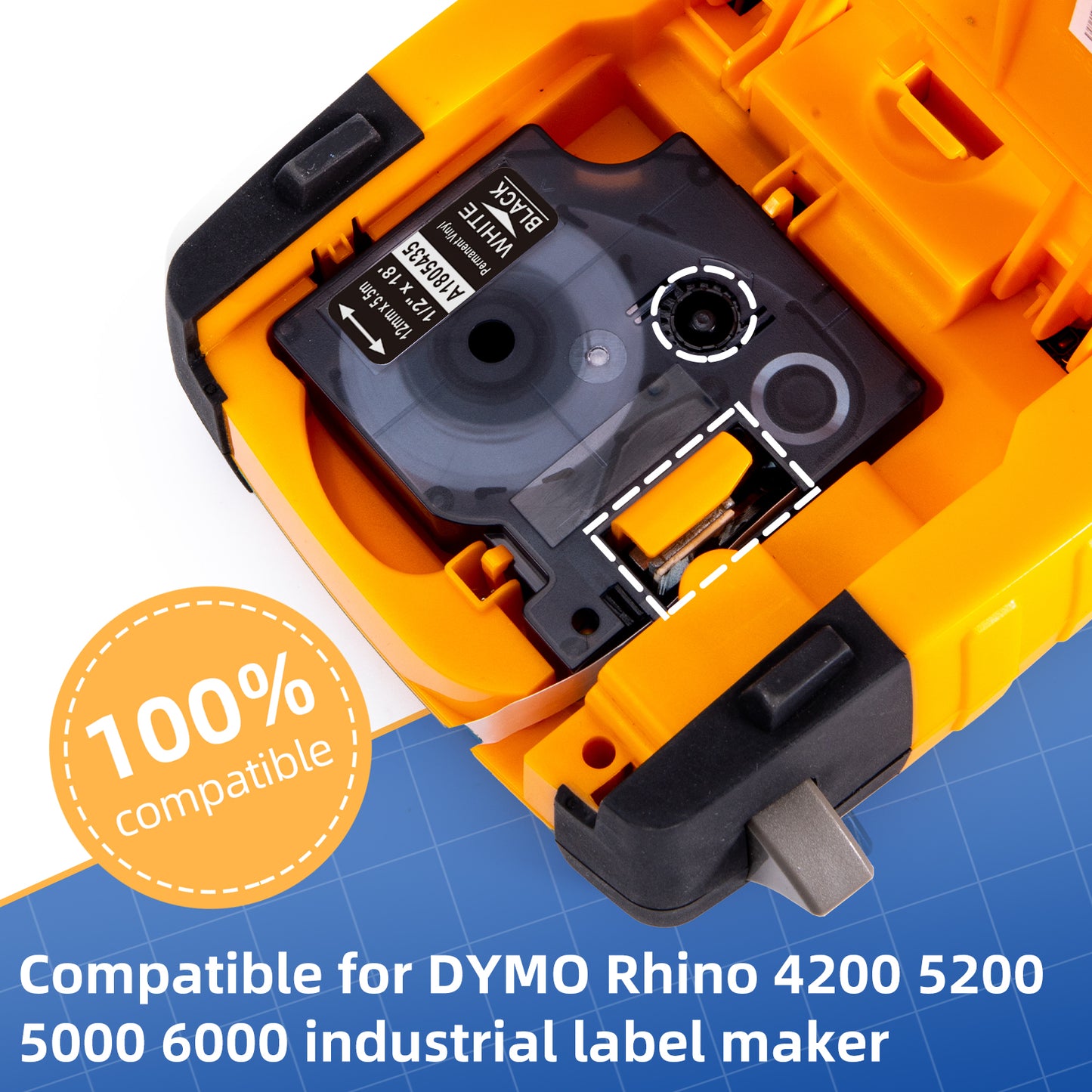 Rhino 4200 Label Tape Compatible with Dymo Rhino White on Black 1805435 Permanent Vinyl Labels Work with DYMO Rhino 5200 5000 5200 6000 3000 Industrial Label Maker Refills, 1/2" x 18', 4-Pack