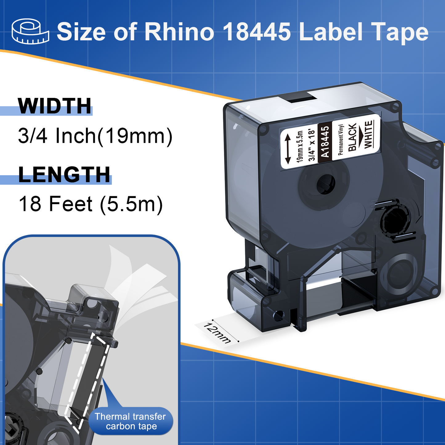 Rhino 5200 Label Tape 3/4 Compatible with Dymo 18445 Rhino Label Tape Permanent Vinyl White Use for Dymo Rhino 4200 5200 5000 6000 Industrial Label Maker, Black on White, 4-Pack