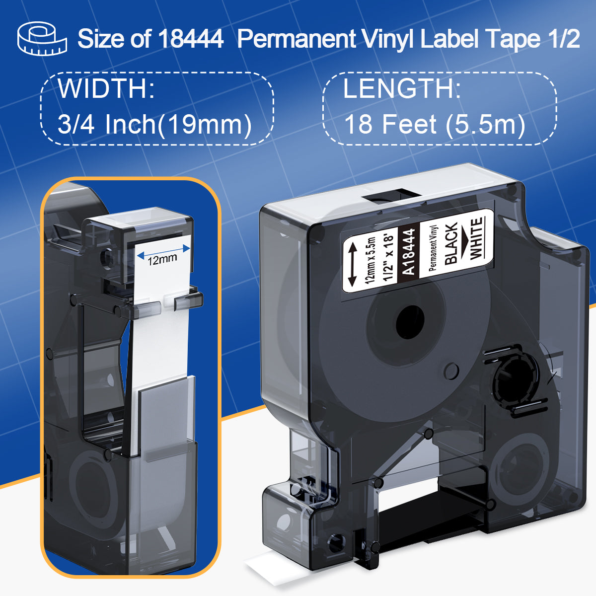 Rhino 5200 Label Tape Compatible with Dymo Rhino 18444 1/2 Permanent Vinyl Labels Work with DYMO Rhino 4200 5000 5200 6000 3000 Label Maker Refills Industrial Tape, 1/2" x 18', 4-Pack