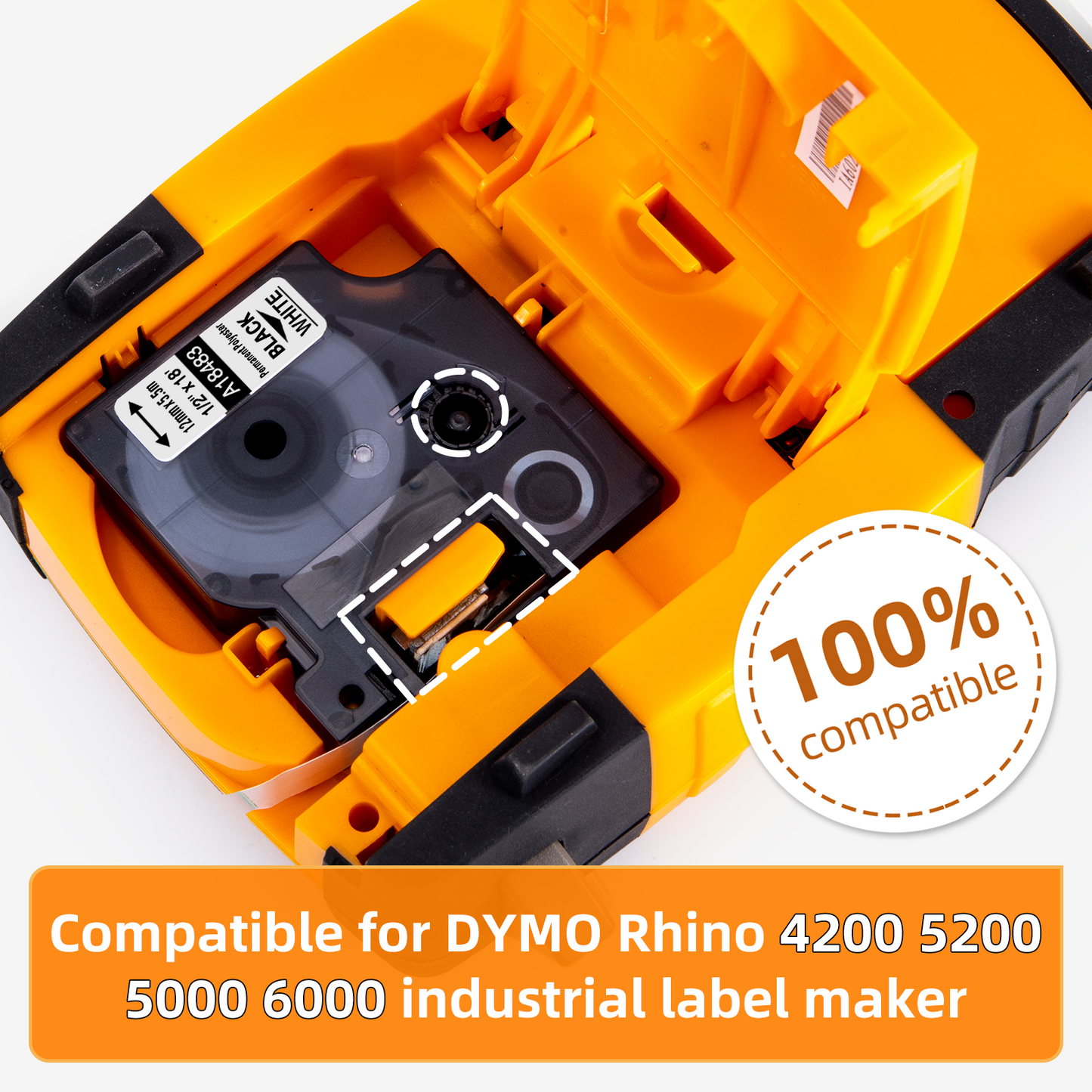 Compatible Label Tape 1/2 Replace for Rhino 5200 label tape Dymo Rhino 4200 5200 18483 Permanent Polyester Label Tape 1/2 for Rhino 5200, 4200, 5000, 6000, 6500, 12mm Black on White 1/2" x 18', 4 Pack