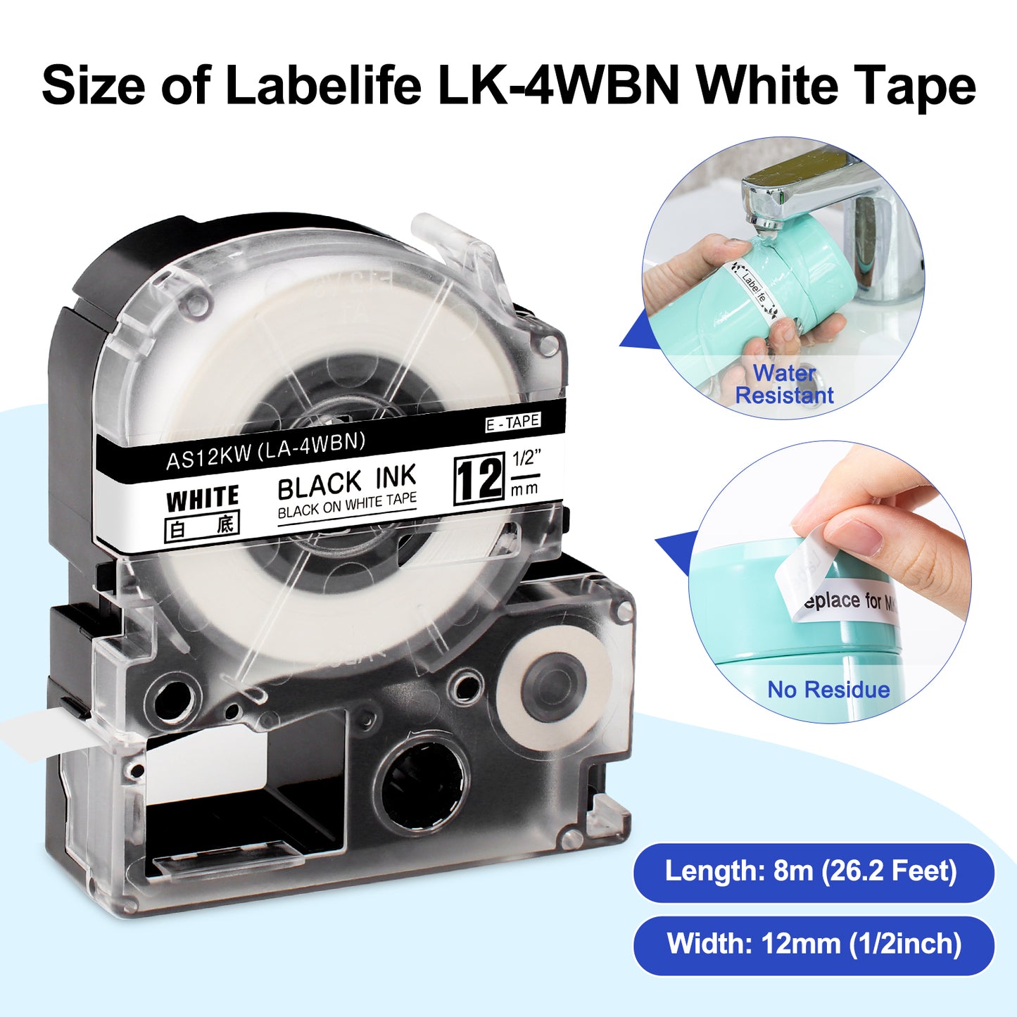 LK-4WBN Label Tape Replacement for Epson Label Maker Tape SS12KW LC-4WBN LC 4WBN9 LK Tape 12mm 1/2" Black on White Compatible with Epson LabelWorks LW-300 LW-400 LW-600P LW-700 Label Printer, 4-Pack