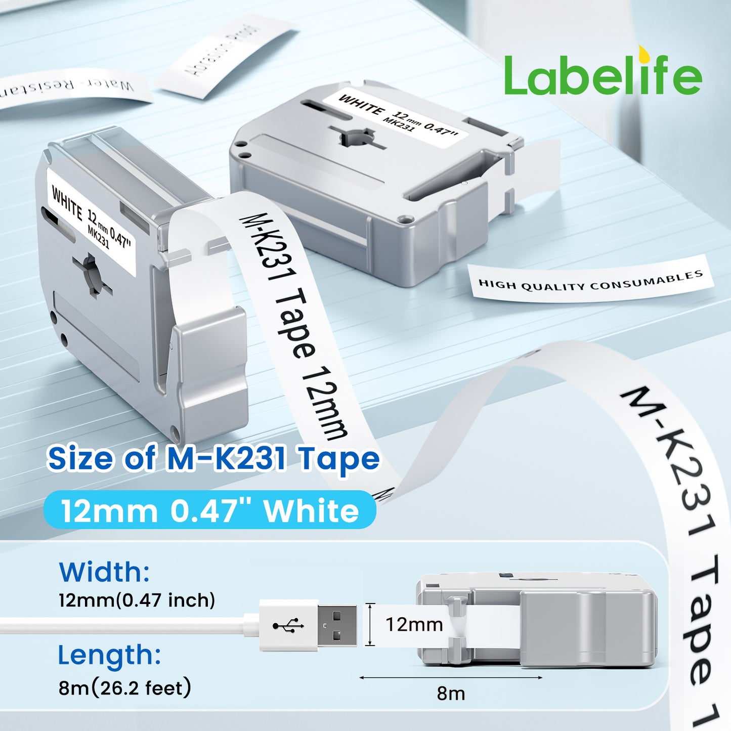 Labelife M-K231 Compatible Label Tape Replace for Brother P Touch M Tape M231 MK231 M-231 M-K231S 12mm 0.47 Inch for Brother PTouch PT-M95 PT-65 PT-80 PT-70 PT-45 Label Makers, Black on White