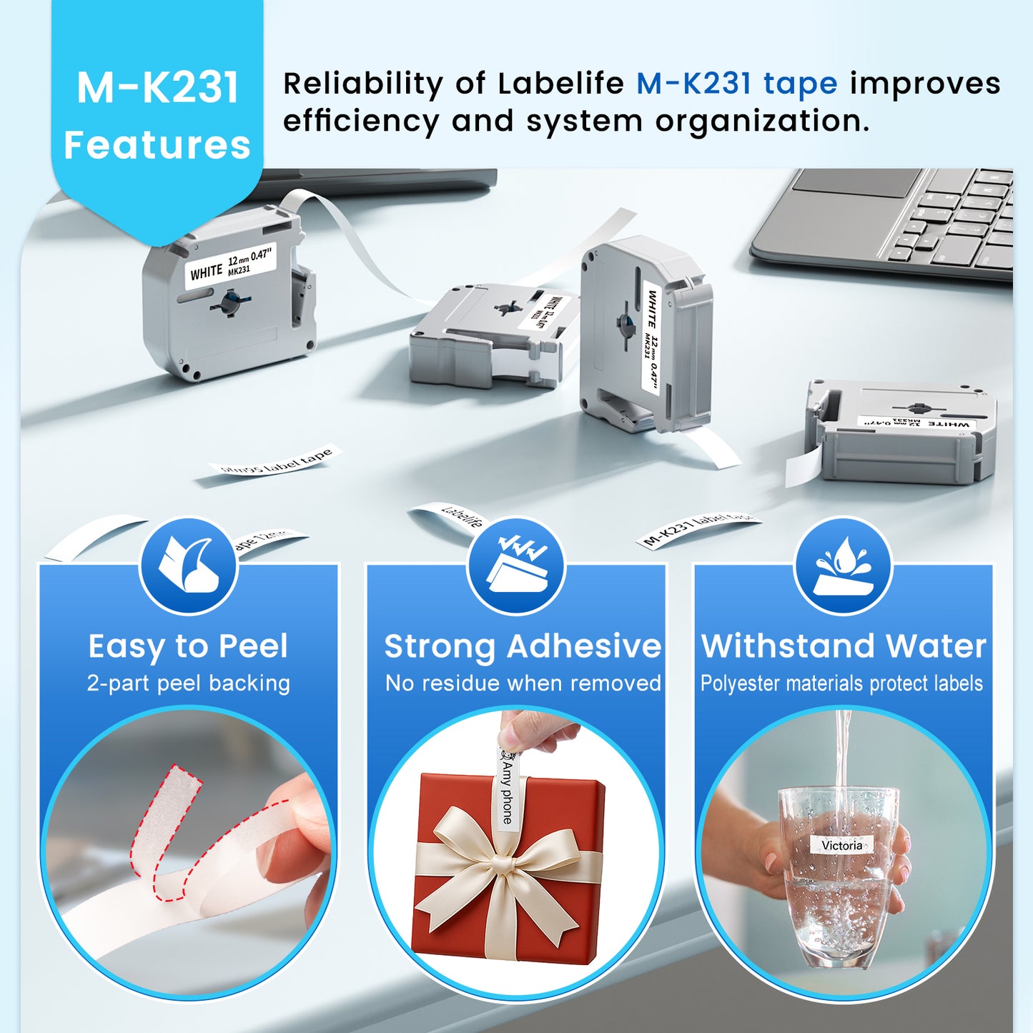 Labelife M-K231 Compatible Label Tape Replace for Brother P Touch M Tape M231 MK231 M-231 M-K231S 12mm 0.47 Inch for Brother PTouch PT-M95 PT-65 PT-80 PT-70 PT-45 Label Makers, Black on White