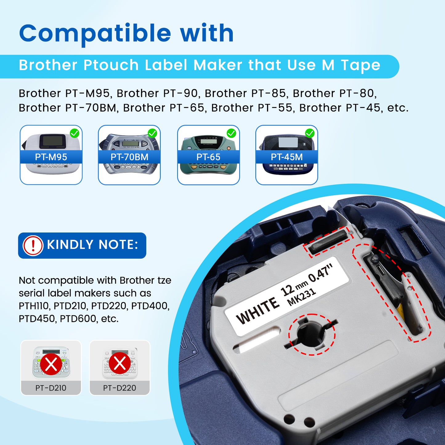 Labelife M-K231 Compatible Label Tape Replace for Brother P Touch M Tape M231 MK231 M-231 M-K231S 12mm 0.47 Inch for Brother PTouch PT-M95 PT-65 PT-80 PT-70 PT-45 Label Makers, Black on White