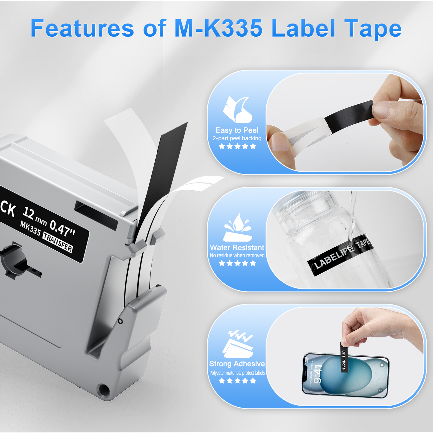 Labelife Label Maker Tape White on Black Replace for Brother P Touch M Tape 12mm 0.47 M-K335 M-335 1/2'' M Tape Black for Brother PT-M95 PT-65 PT-80 PT-70bm PT-45 Tape Refills, 4 Pack