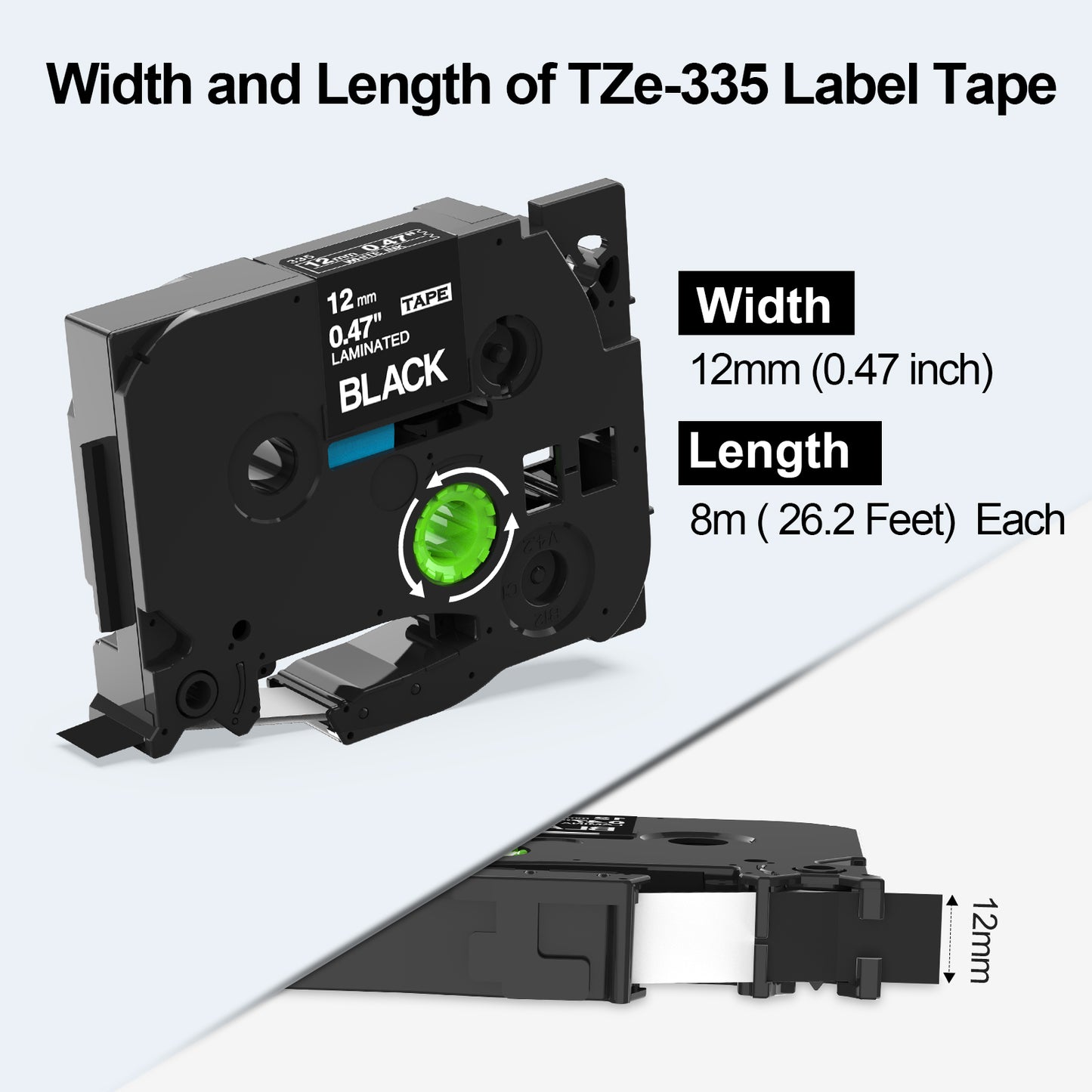 Labelife TZe-335 Label Tape Replacement for Brother P Touch Label Tape White on Black TZe TZ Tape 12mm 0.47 Laminated Black Label Maker Tape TZe335 for Brother PT-D210 PT-D220 PT-H110 Labeler, 4-Pack