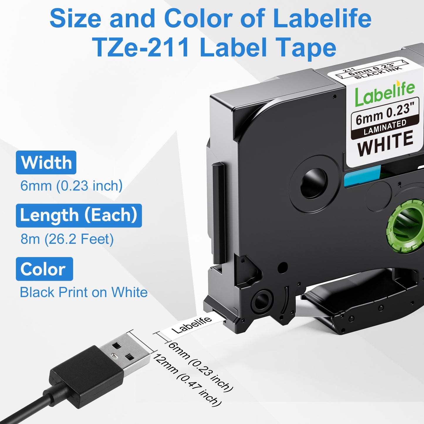 Labelife 6mm Label Tape TZe-211 Replacement for Brother P Touch TZe TZ Tape 6mm 0.23 Laminated White Label Tape TZe211 TZ-211 for Brother Label Maker PT-D210 PT-D220 PT-H110 PT-D400, 1/4 Inch, 4-Pack