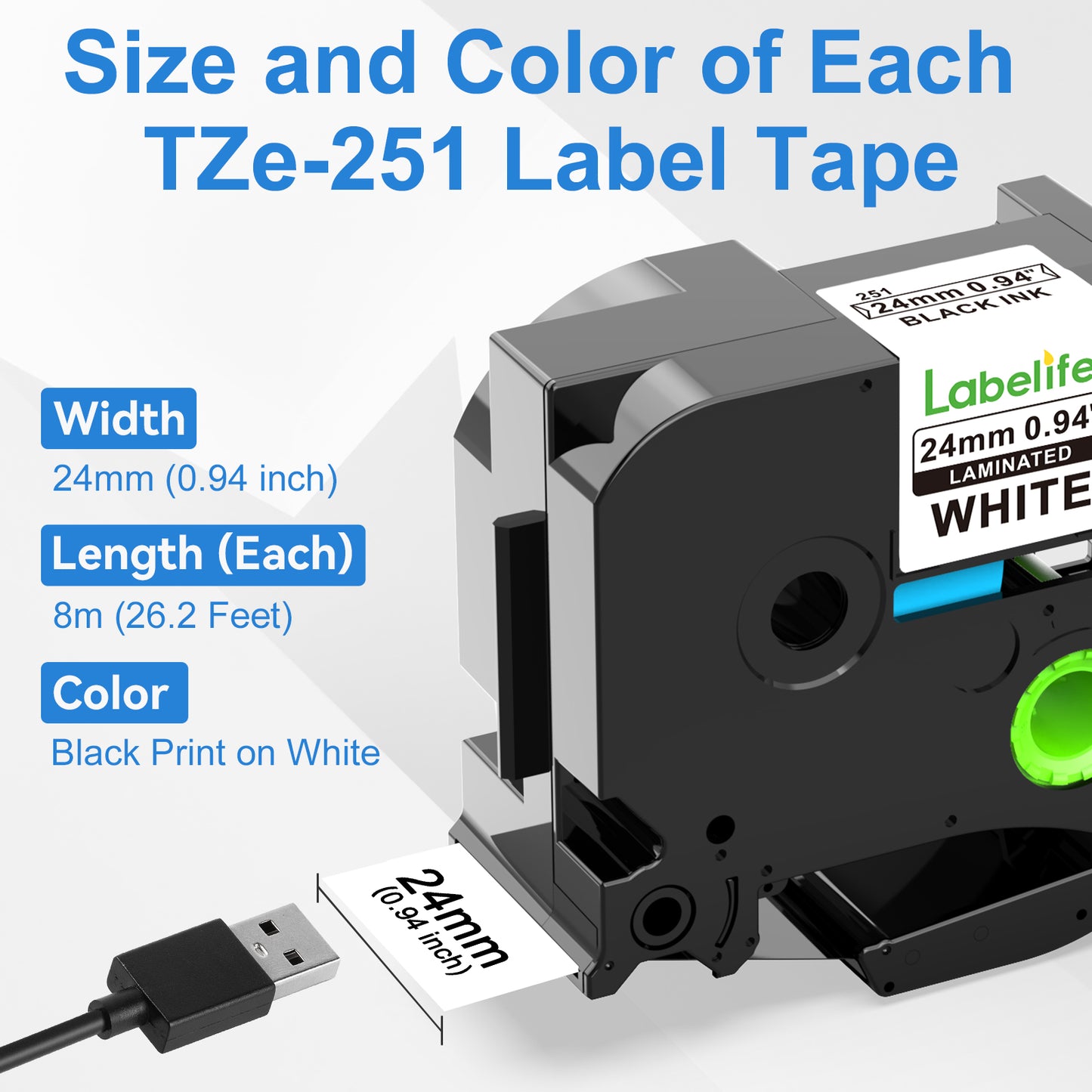 Labelife 10-Pack 24mm Label Tape TZe-251 Replacement for Brother P Touch 1 Inch Label Tape TZe TZ Tape 24mm 0.94 Laminated White Tape TZe251 for Brother Ptouch PT-D600 PT-D610BT PT-P710BT Label Maker